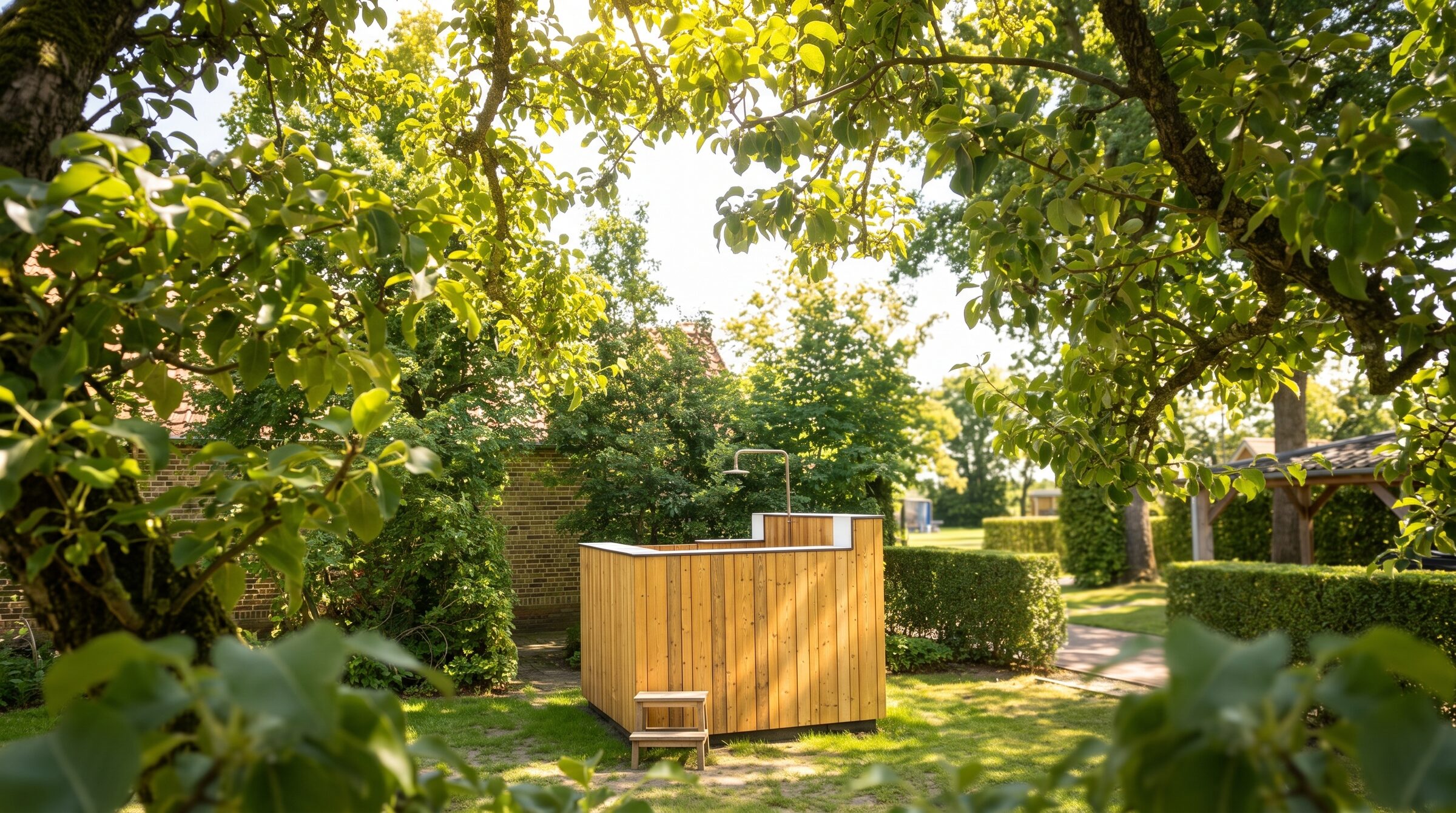 Houten buitenverblijf met buitendouche in een zonnige tuin, gebouwd door BouwThoon